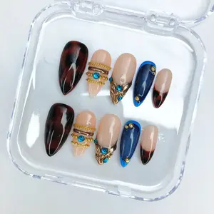 milo.nail&care Royal Blue Gem Press-On Nails, Tortoiseshell French Tips, Gold Chain Detail, Sapphire Crystal Accent, Glossy Luxury Almond Handmade Elegant Statement Nail Set
