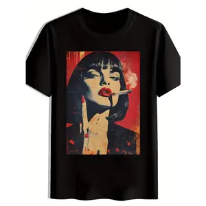 Unisex Vintage Pop Art Smoking Woman Graphic T-Shirt - Retro 90s Grunge Streetwear Crewneck, Relaxed Fit, S-5XL, Alternative Vibe, Festival-Ready, Pairable with Flannel/Leather, Menswear Tops