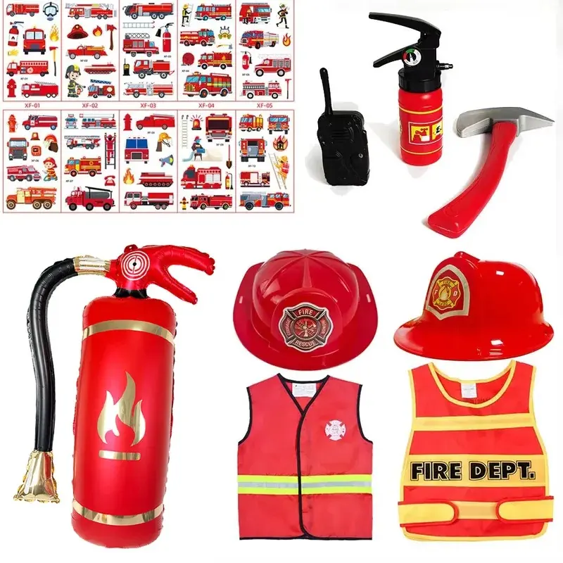 Firefighter Cosplay Clothing Fireman Theme Birthday Party Decoration Red Plastics Hat Vest Boy Cosplay Costume Party Gift