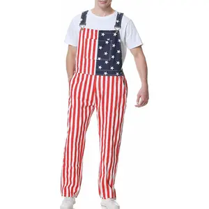 Yuanbang Adjustable Denim Overalls, Menswear with Zip,  Men's Casual Rompers, American Flag Bibs Jumpsuits with Pockets, Red White and Blue Coveralls