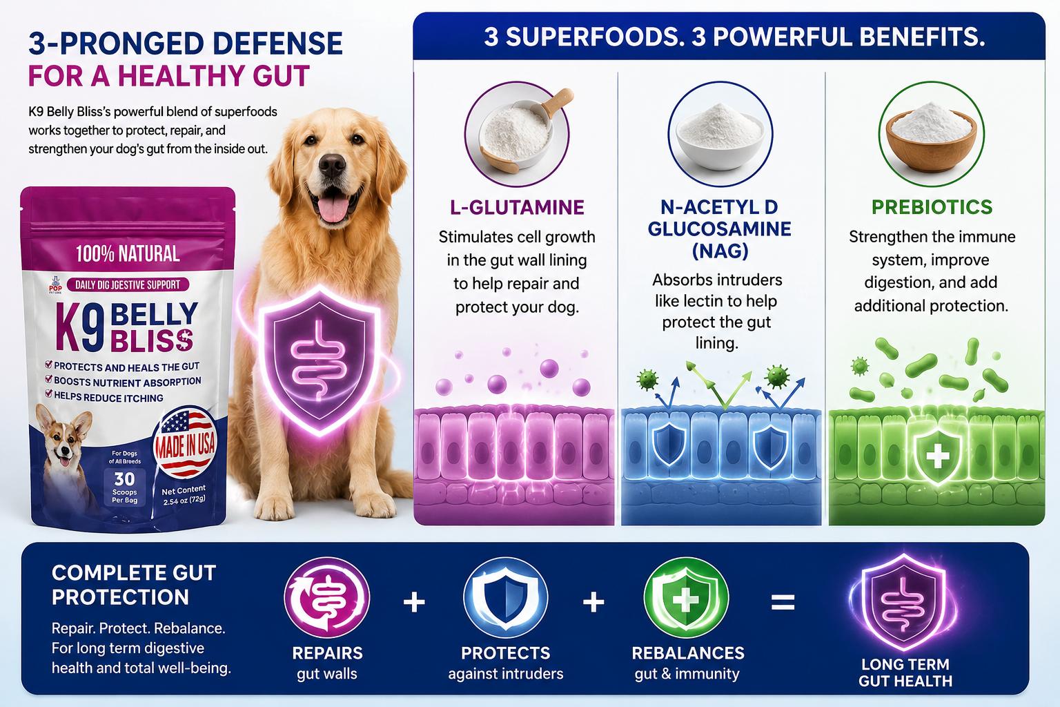 Pup Labs K9 Belly Bliss 3-Pronged Defense Dog Digestive Support with L-Glutamine N-Acetyl D Glucosamine & Prebiotics for Gut Health Pup Labs K9 Belly Bliss 3-Pronged Defense Dog Digestive Support with L-Glutamine N-Acetyl D Glucosamine & Prebiotics for Gut Health