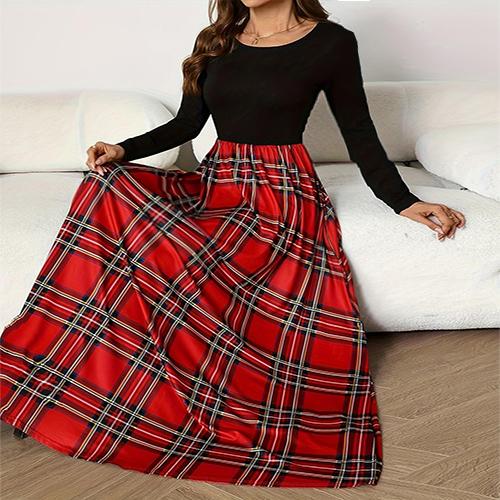 Women's Elegant Red and Black Plaid Maxi Dress - Fashionable Long Sleeve A-Line Dress - Round Neck Polyester Comfortable Fit for All Seasons - Long Sleeve Dress Casual Fabric summer outfits mom sundresses camel royal outfit Womenswear Knitted