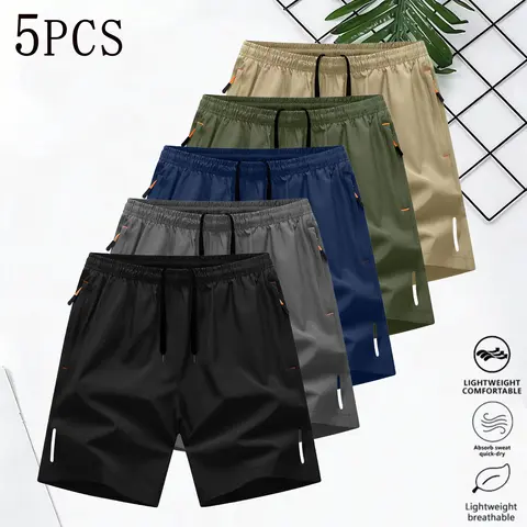 Men's Casual Breathable Gym Shorts - Elastic Waistband, Fast-Dry Fabric, Zippered Pockets, Machine Washable, Multi-Color Set with Khaki Option, Solid Streetwear for Hiking, Running