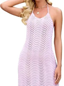 SwimWeek Women's Cover Up Wave Hollow Out Crochet Slim Fit Seashell Decor Halter Neck Bikini Swimsuit Beach Cover Up