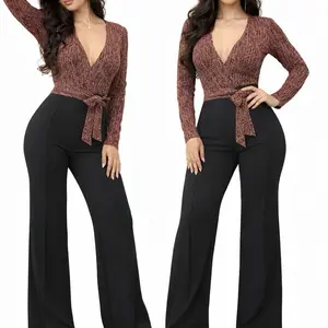 Women's V60-69 Luxe Shimmer Wrap Jumpsuit Overalls for Ladies, Adjustable Waist Tie, Zipper, Flattering Fit, Glam Metallic Fabric, Stylish Women's Clothes