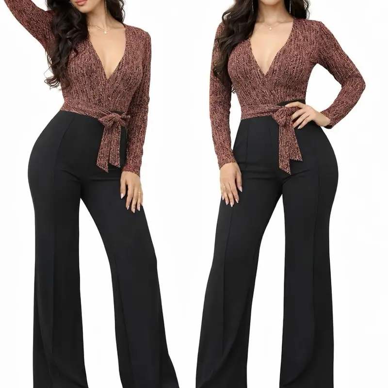 Women's Chic Metallic Fabric Wrap Jumpsuit - Deep V-Neck, Wide-Leg, Adjustable Waist Tie, Zipper, Crackle Detail, Flattering Party Outfit, Jumpsuits For Women, Overalls, Wrap Neck, Full Length, Elegant