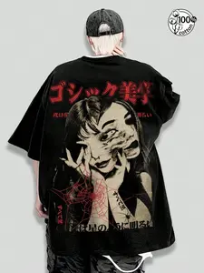 Unisex 100% Cotton Japanese Dark Gothic Horror Manga Print Oversized T-Shirt | Y2K High Street Vintage Portrait Red & Black Streetwear Top
