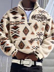 Men's Retro Ethnic Half-Zip Fleece Sweatshirt, Geometric Print, Soft Fabric, Warm and Comfortable, Casual Fall & Winter Wear
