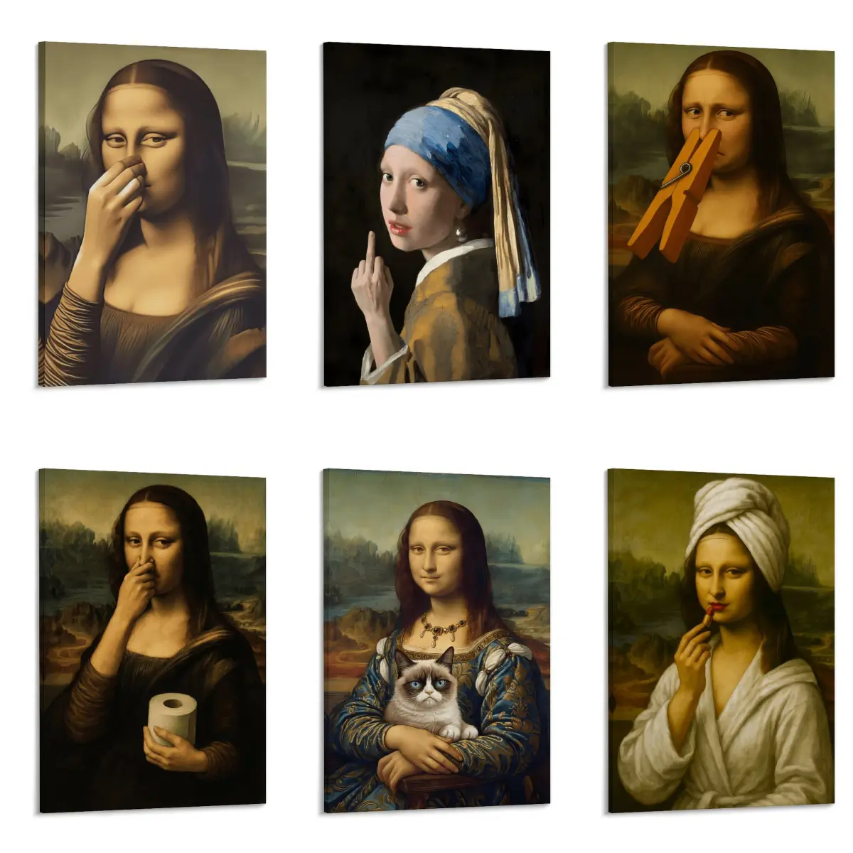 Funny Renaissance-Inspired Canvas Wall Art, Humorous Mona Lisa Parody Poster for Bathroom, Toilet, Living Room, Bedroom, Kitchen, Entryway, Dorm or Office, Unframed Vintage Art Print, Quirky Home Decor and Gift for Art Lovers