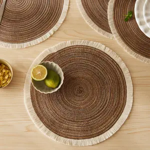 Round Boho Style Raffia Rope Placemat, 4 Counts/set Washable Table Mat, Coffee Table Mat, Decorative Place Mat for Home Kitchen Dining Room