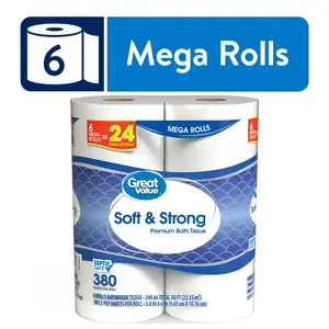 Great Value Soft & Strong Premium Toilet Paper - 6 Mega Rolls, Ultra-Soft and Long-Lasting for Ultimate Comfort