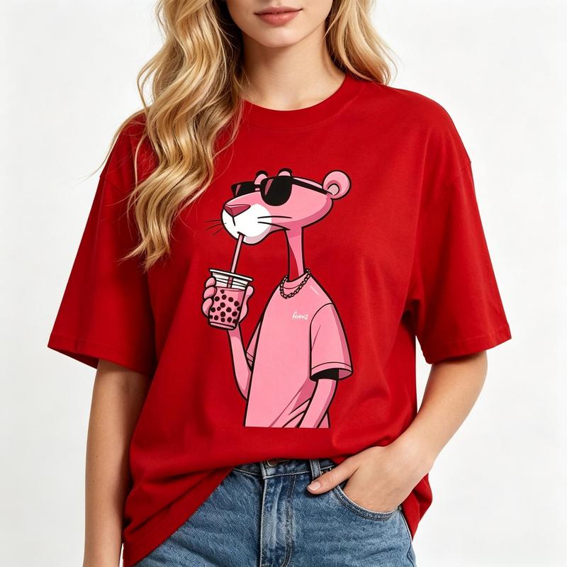 Women's Red Oversized Crew Neck Graphic Tee - Pink Panther, Kawaii Sunglasses, Bubble Tea Chains Prints, Lightweight Casual Tee, Trendy Aesthetic Streetwear Outfits, Short Sleeve Summer Top