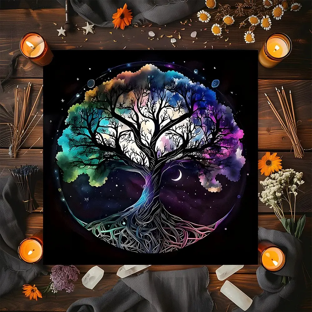 Fantasy Rainbow Tree of Life Design Square Tarot Tablecloth, Witch-style home decor Altar Cloth Multiple Sizes Polyester Fabric, Easy to Clean and Maintain Decorative Divination Cloth for Spreads & Rituals Gift for family and friends