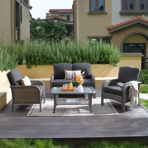 ALTRIGUS 4-Piece Outdoor Patio Furniture Sets, Wicker Patio Conversation Sets, All Weather Wicker Rattan Patio Seating Sofas with Glass Coffee Table and Cushion