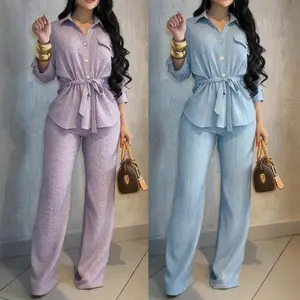 VVZ 2026 Women's Two-Piece Set Drawstring-Waist Top Paired with Elastic-Waist Loose-Fit Pants – Casual Textured Commuter Set / Retro Front-Button Commuter Set