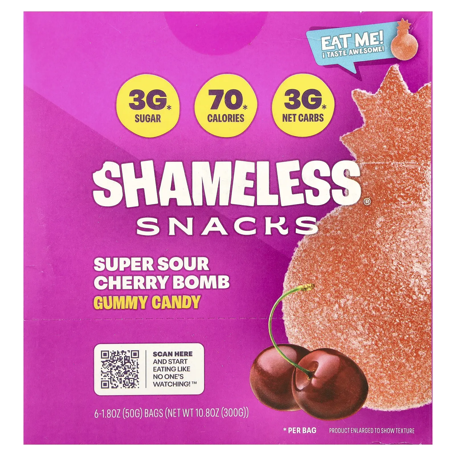 Shameless Snacks Gummy Candy, Super Sour Cherry Bomb, 6 Bags, 1.8 oz (50 g) Each Shameless Snacks Gummy Candy, Super Sour Cherry Bomb, 6 Bags, 1.8 oz (50 g) Each