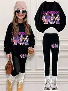 Girls' Casual Set 4-14 Years, K-Pop Girl Group Print, Sporty Sweatshirt & Bottoms 2-Piece, Comfortable Elastic Waist Pants