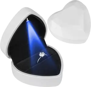 Heart Ring Box with LED Light, Luxury LED Lighted Engagement Ring Box,  Earrings  Case with Light,  Display Box for Wedding, Engagement, Proposal, Birthday and Anniversary-White