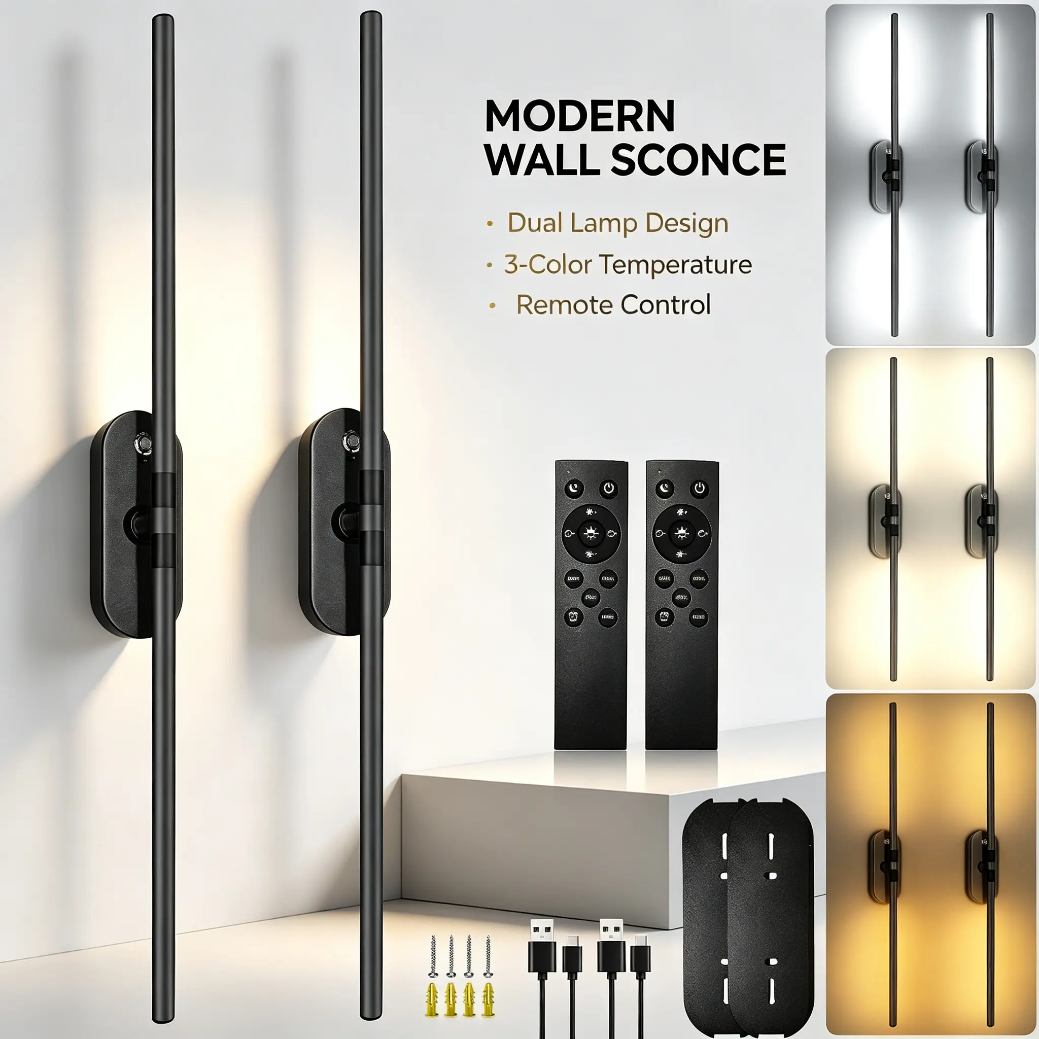 KEYDOORS Modern Minimalist Cordless Wall Sconces 2 Pack, Type-C Rechargeable LED Wall Lamp, Dual Control Touch & Remote, 3 CCT Dimmable Timing Wall Light for Indoor Home Decoration
