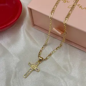 14k Gold Plated Cross and Virgen Pendant and Necklace for Women