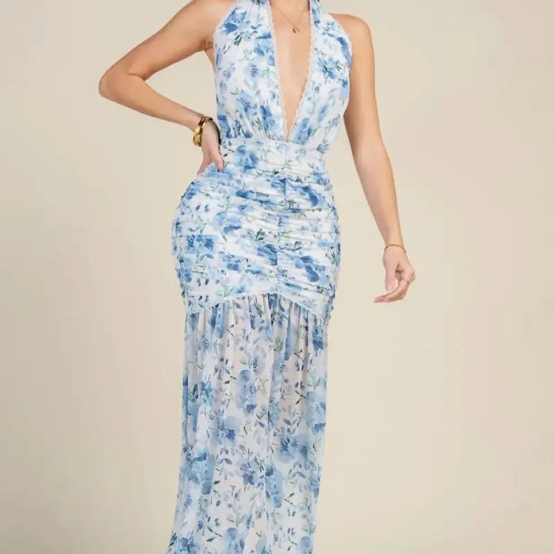 Grecia Blue Maxi Floral Dress  Elegant Halter Open Back - TikTok Shop