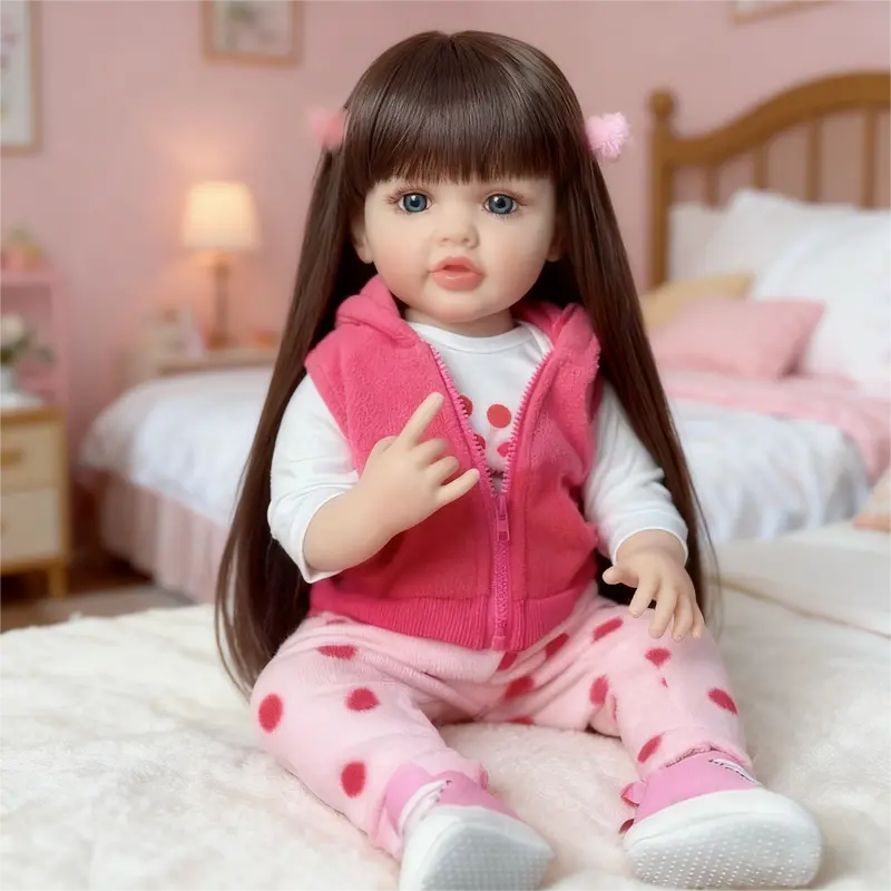22-Inch Lifelike Newborn Baby Girl Doll - Full Vinyl Body, Long Brown Hair, Soft Weighted, Poseable Arms, Collectible for Collecting, Clothes-Compatible, Stuffed Doll, Kids 3+ Birthday Gift with Feed & Bottle Set
