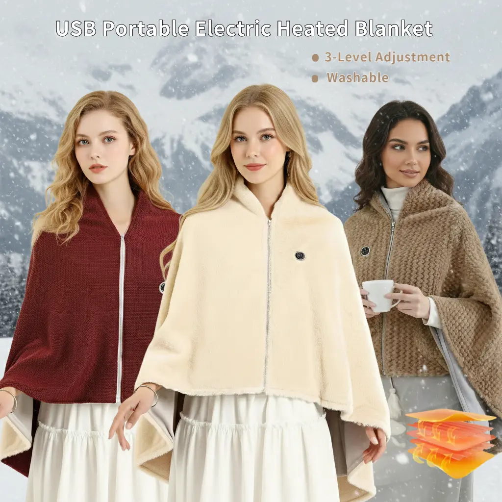 Wearable USB Electric Heated Blanket Shawl - 3 Heat Levels, 62x32in, Machine Washable, Dual & Simple Button Control, Portable Warmth for Home or Trips, Home Gift for Seniors (Power Bank Not Included)
