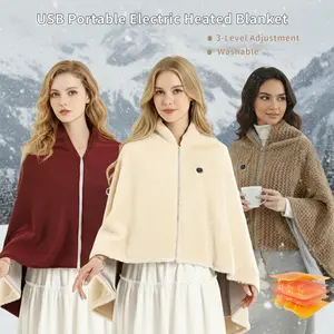 USB Power Supply Wearable Electric Heated Blanket Shawl 3 Heat Levels 62x32 Inches Machine Washable Cozy Dual Control Valentine's Day Gifts For Grandma Seniors Mom Home Portable USB Heated Cloak (Does not include power bank)