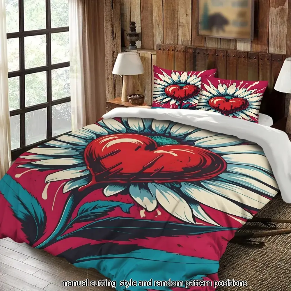 A three-piece comforter set with sunflowers and red hearts on a red background; a suitable bedding set as a gift.