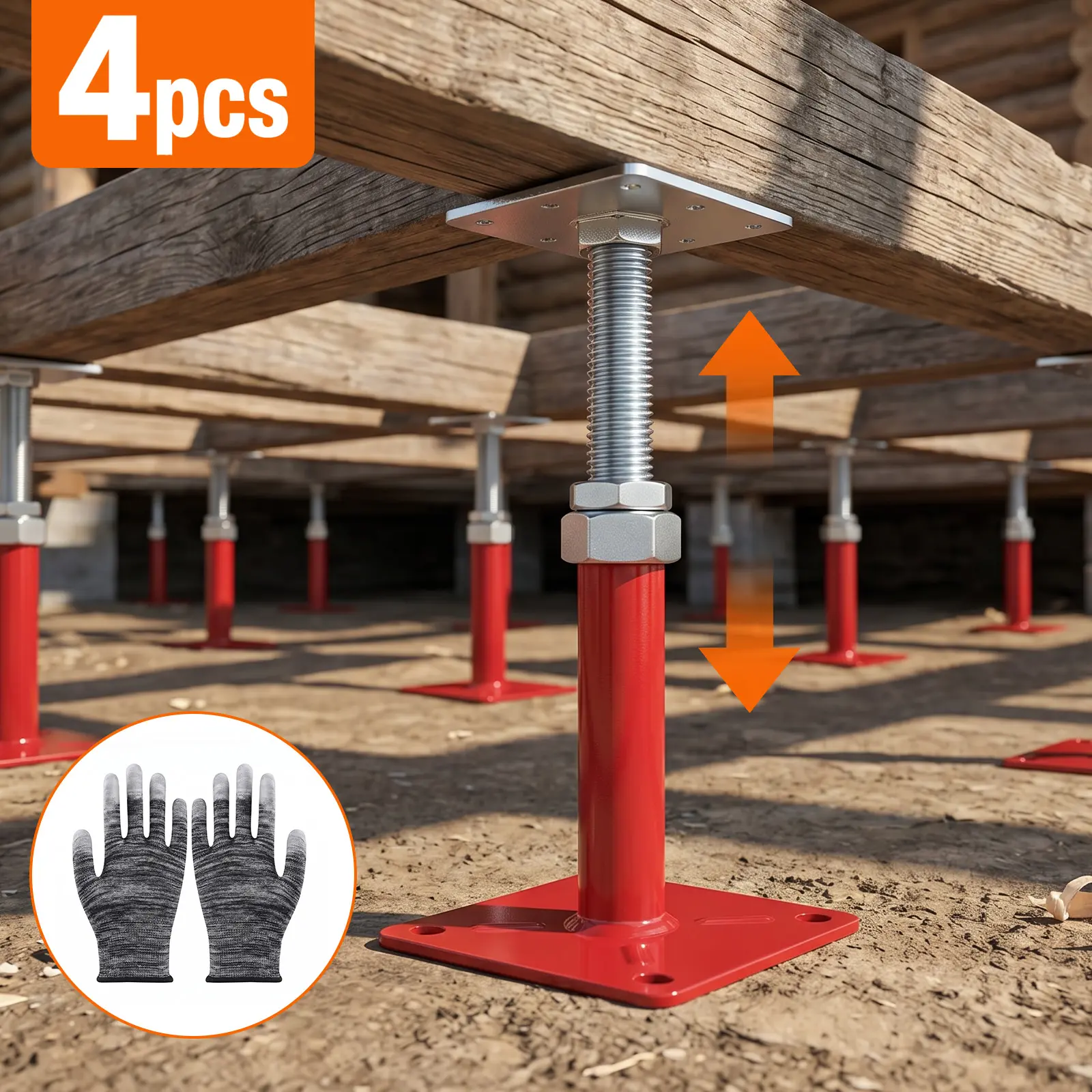 4-Pack Red 5-8" Adjustable Screw Jacks, 5000lbs Car Repair Trolley Tools for House Leveling, Beam & Crawl Space Foundation Support