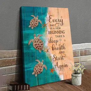 1 piece of turtle canvas wall art - vintage farmhouse style teal bathroom decor, with an inspiring quote "Every day is a new beginning," suitable for home and bathroom decoration with an ocean theme