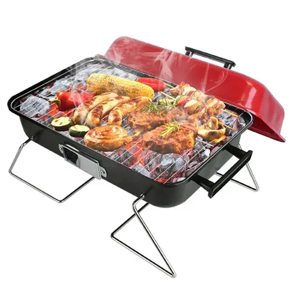 Thick Iron Charcoal Barbecue Grill with Anti-Scald Side Handles, Foldable Compact 50*27*30cm Camping Food Grill, Portable Collapsible Tabletop Smoker for Outdoor Patio, Backyard-4293, Iron Plate, Adjustable Vents, Backyard Gear, Cookout Ready, Quick & Sim