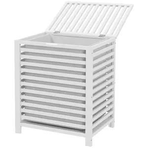 55 L White Bamboo Laundry Basket with Lid and Removable Cloth Liner Bag 19.75x14.25x23.5 Inch for Bedroom Closet Dorm Apartment Odor Concealing Storage