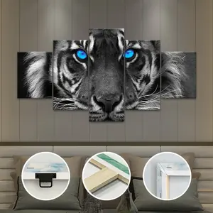 2D flat blue-eyed tiger 5-piece canvas poster, modular decorative art. Ideal for modern bedroom, living room, kitchen, dorm wall decor. Odorless, a great gift.