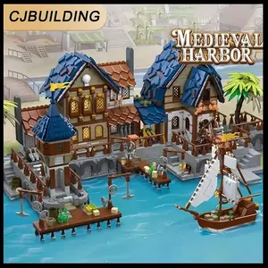 2979 Pieces Medieval Port Moc Building Set, Giant Harbor Town DIY Model Kit, Historical Architecture Display Toy for Collectors