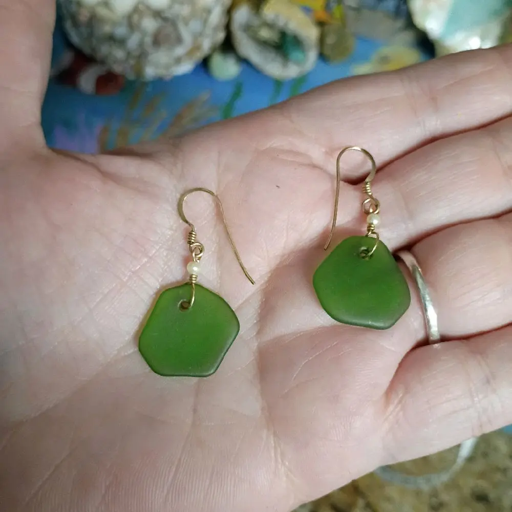 Sea-Forged Harmony: Green Sea Glass Drop Earrings