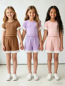 Three Sets (six Pieces) Girls' Casual Plaid Knit Suit, Soft Comfortable Waffle Fabric, Short Sleeve Top and Shorts, Ideal for Outdoor Spring Summer