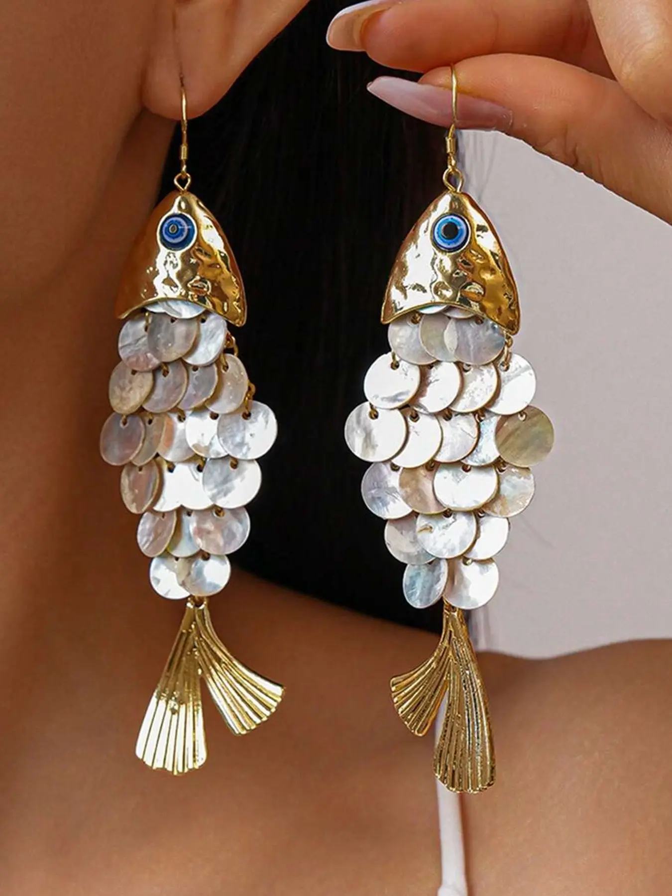 1pair Creative Fish Shell Fringe Earrings, Elegant and Unique Accessory, Coastal Vacation Style, 1 Pair, Perfect for Beachwear, Boho style jewelry, Beachy Earrings, Bohemian Earrings
