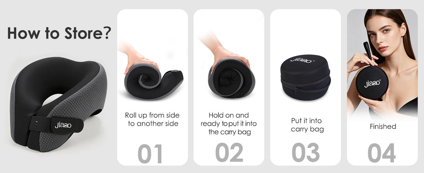 JIAAO Travel Pillow for Airplane, Memory Foam Neck Pillow with 3D Eye Mask & Earplugs, Adjustable Travel Neck Pillow with Portable Bag for Long Flights