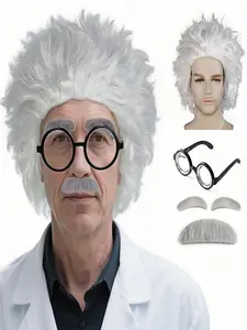 Crazy Wigs with Eyebrow Beard and Glasses for Men, Mad Crazy Scientist Wig, Short Fuzzy Funny Spiky Old Man Wigs for Cosplay Halloween Party, Costume Wig