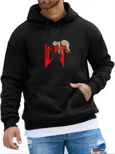 Men's Cartoon Sloth & Letter Print Drop Shoulder Long Sleeve Hoodie Pullover, Fashion Casual Regular Fit Drawstring Pocket Hooded Sweatshirt for Daily Holiday Outdoor Wear, Men Clothes for All Seasons Tops