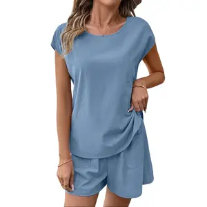 Shewin 2026 Spring/Summer Women's Casual Two-Piece Set -Solid White Short Sleeve Loose Fit Top & Natural Waist Shorts with Patch Pockets, Breathable Cotton-Viscose Blend for Daily Wear