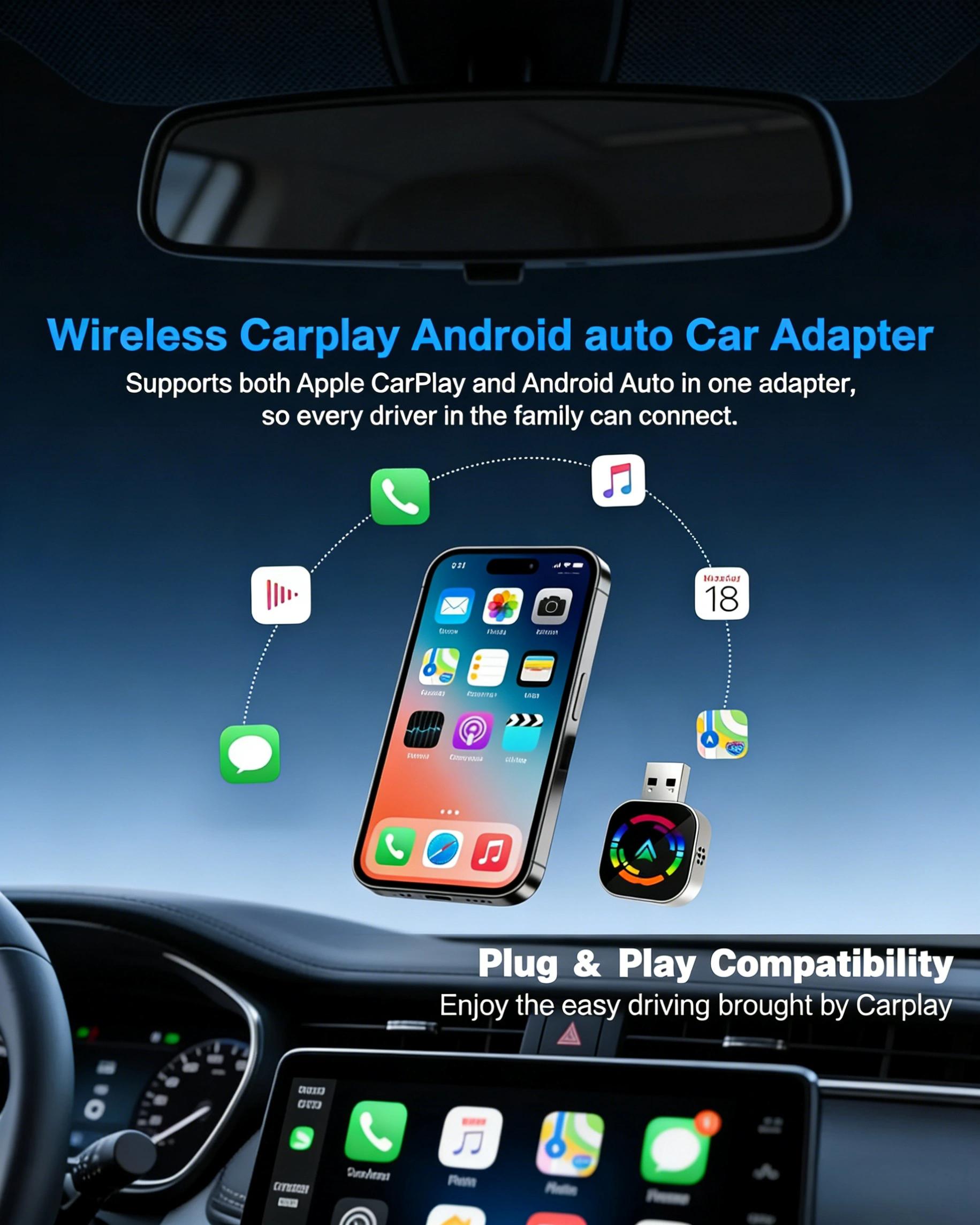 CarPlay Wireless Adapter - Convert Wired CarPlay to Wireless, 5.8Ghz WiFi Fast Connection, Low Latency, Plug & Play, Compatible with iPhone & iOS Cars | Car Accessories for Apple CarPlay Dongle