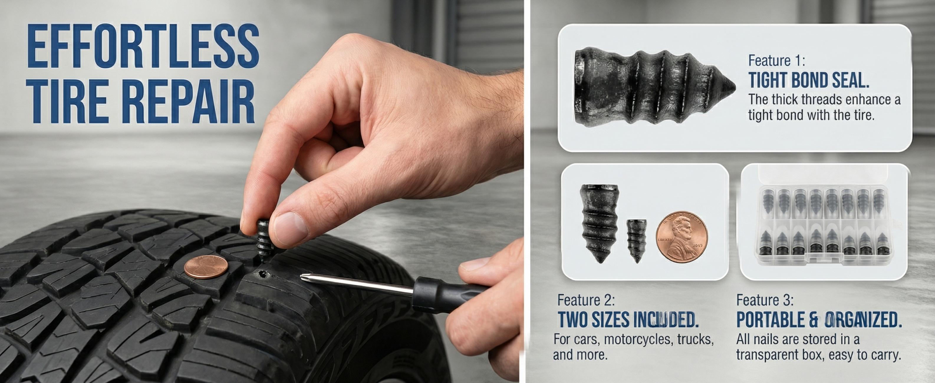 Tire Plug Kit with Screwdriver,Rubber Flat Tire Repair Kit for Fast Repair of Tire Punctures,Durable Car Tire Repair Kit Self-Service Repair Nails for Car Motorcycle Truck 100PCS