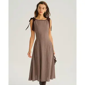 Brown Plaid Boat Neck A-Line Midi Dress