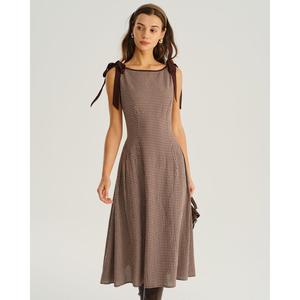 Rihoas Women's Retro Brown Plaid Tartan Waisted A-Line Midi Dress - Boat Neck, Cotton Fabric, Sleeved, Floral Accents, Plaid Casual Dress for Daily Wear, Plaid Casual Dresses