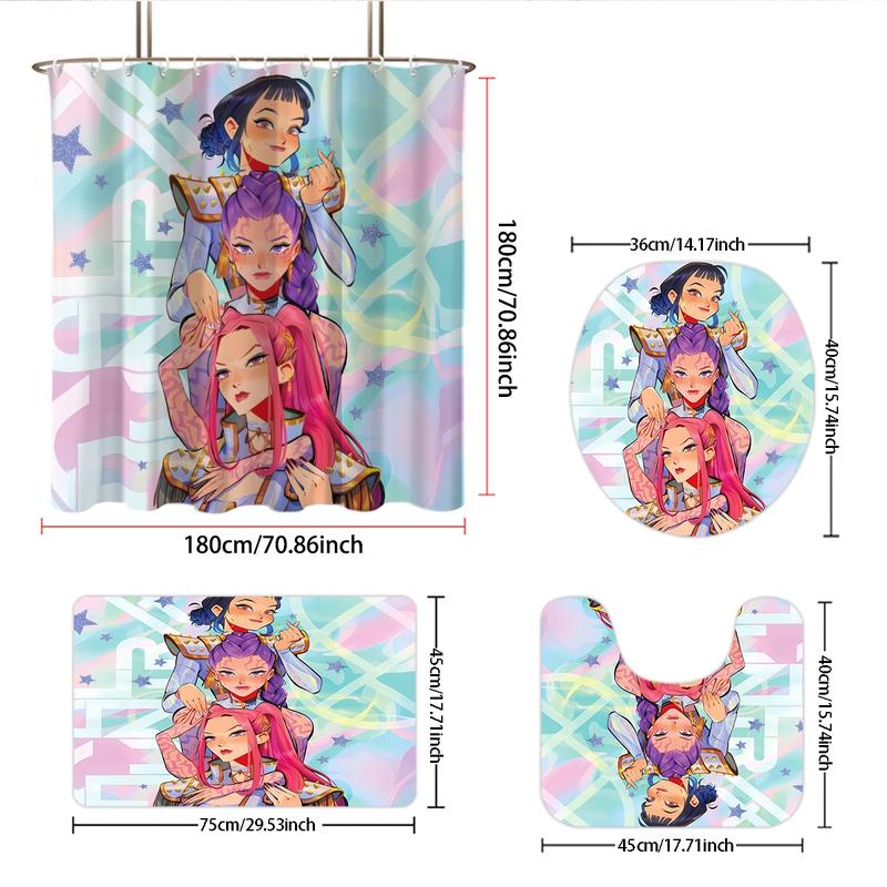 4pcs K-POP Demon Hunters Bathroom Set, Shower Curtain with Hooks, Non-Slip Bath Rug, U-Shaped Toilet Mat, Toilet Lid Cover, Bathroom Shower Equipment, Bathroom Decoration Accessories