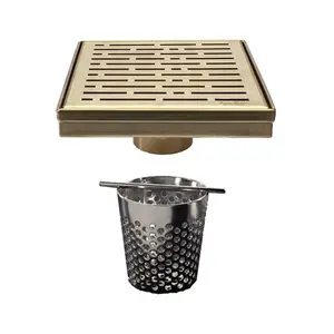 SereneDrains Satin Gold Square Shower Drain with Hair Trap Set (4 and 6 Inch Drains)