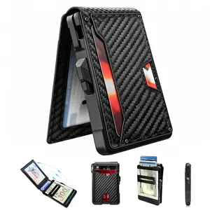 Men's Minimalist Business Wallet with RFID Protection. This bifold wallet holds 10–13 cards and features a built-in cash clip and ID window. Crafted from aluminum alloy, it boasts a dual-fold design and is equipped with a push-button card ejection slot. S