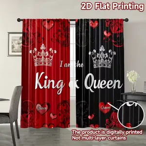 Valentine's Day Patchwork King & Queen Print Curtains Set, 2-Piece Light Blocking Drapes for Living Room & Bedroom, Durable Polyester Fabric